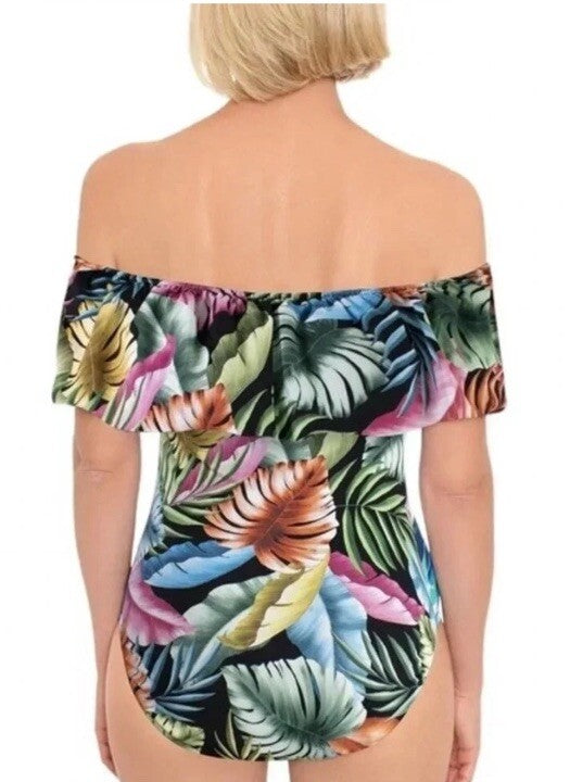 Swim Solutions Off-The-Shoulder Tummy-Control One-Piece Swimsuit Multi Size 12