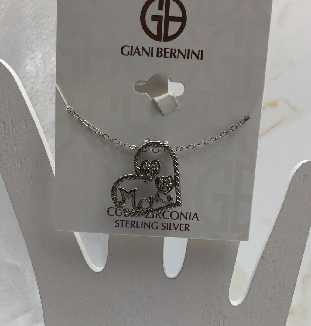 Giani Bernini Cubic Zirconia Mom Heart Pendant Necklace 16" + 2" Sterling Silver