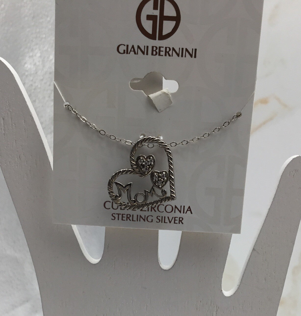 Giani Bernini Cubic Zirconia Mom Heart Pendant Necklace 16" + 2" Sterling Silver