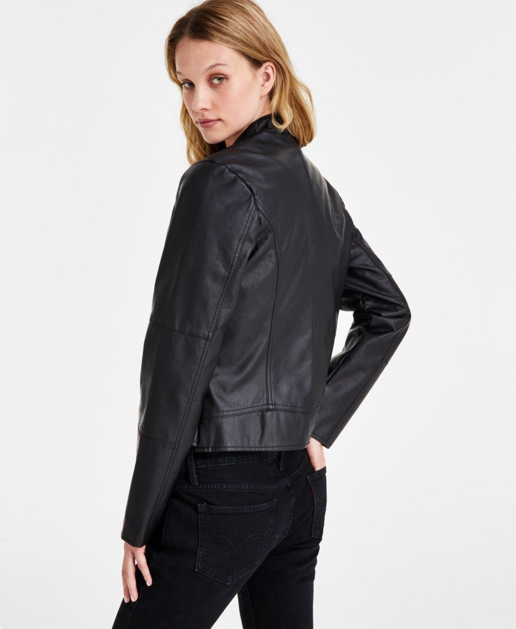Maralyn & Me Faux-Leather Zip-Front Jacket Juniors M. Black Snap Closure Collar