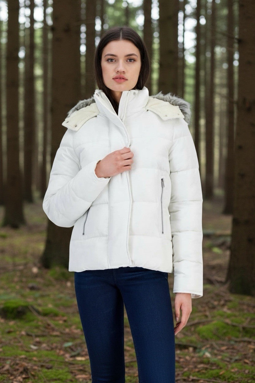 Maralyn & Me Juniors' Faux-Fur-Trim Hooded Puffer Coat Winter White Size M