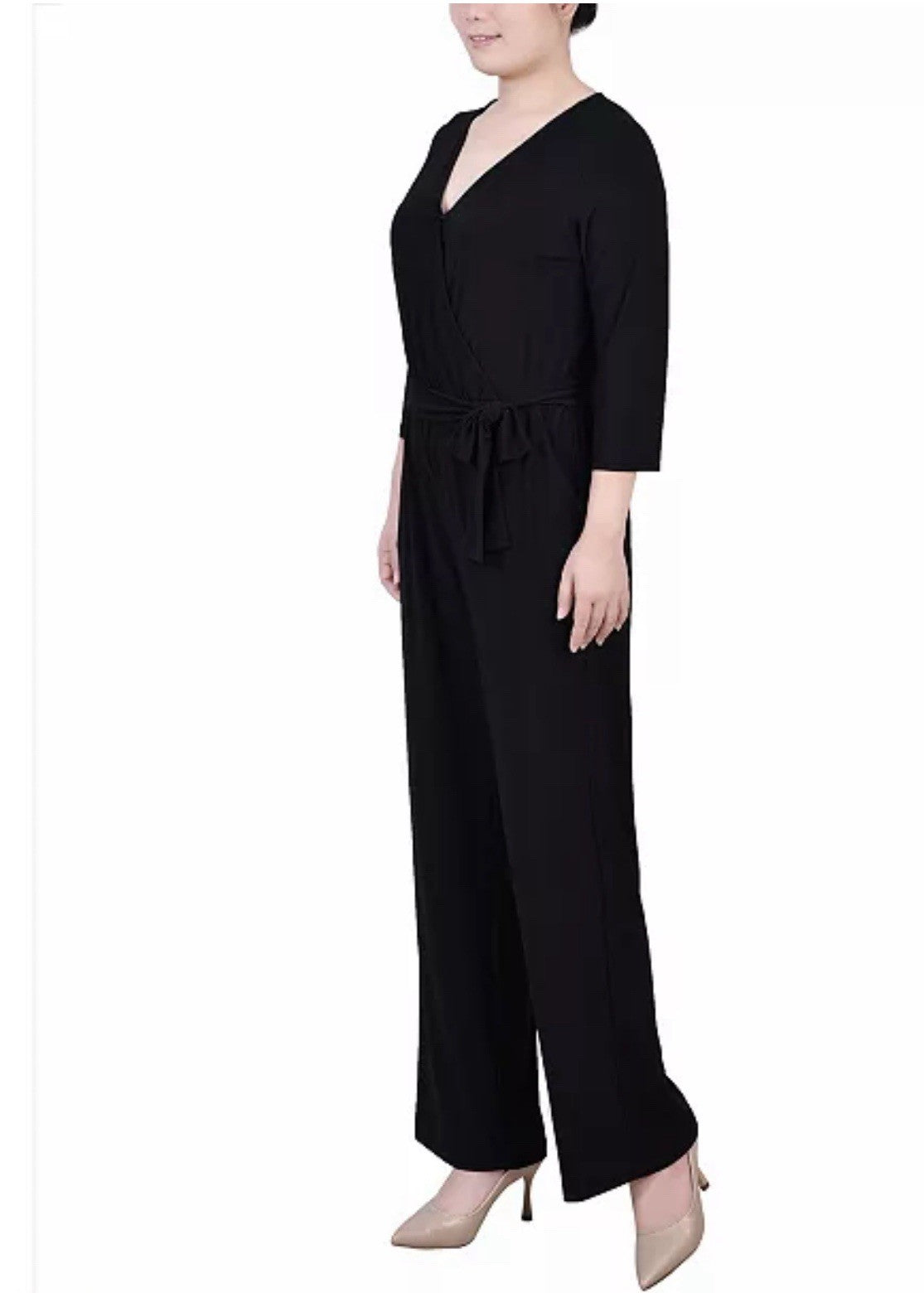 NY Collection Jumpsuit Womens Size Small Petite PS Black 3/4 Sleeve Belted New
