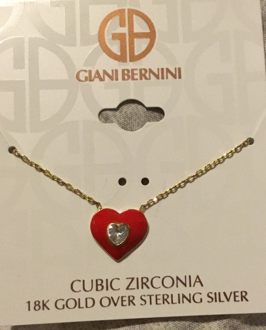 Cubic Zirconia & Red Enamel Heart Pendant Necklace in 18k Gold-Plated Sterling S