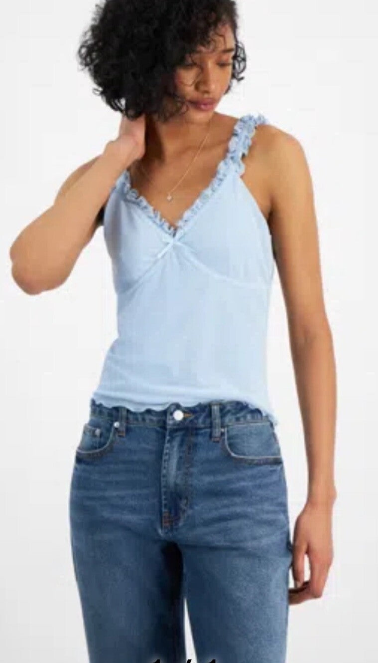 Madden Girl Juniors' Mesh Ruffle-trim Cami In Baby Blue Medium