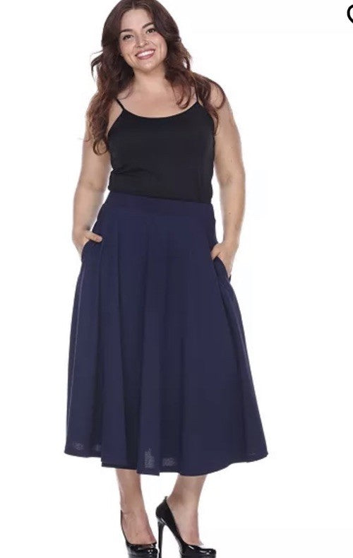 White Mark Plus Size Flared Midi Skirt Navy 1XL