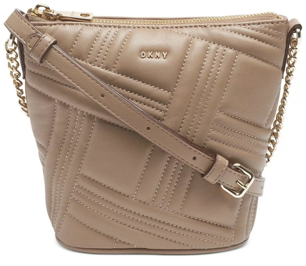 DKNY Allen Crossgrid Bucket Bag Crossbody Soft Leather Quilted Tan Top Zip NEW