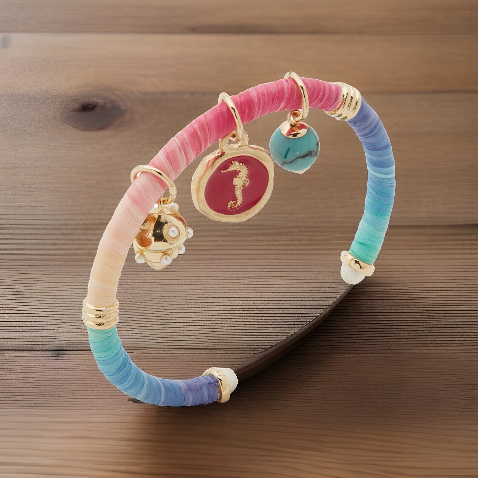 lonna & lilly Gold-Tone Mixed Stone Sea-Motif Charm Raffia-Wrapped Cuff Bracelet