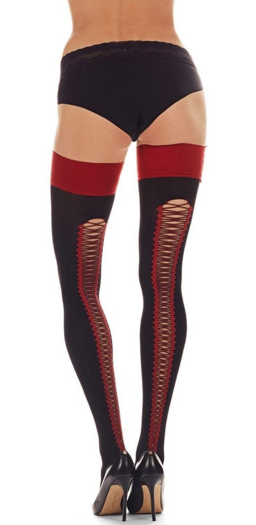 MeMoi Women's Corset Backseam Thigh High Stockings Black/Red L/XL