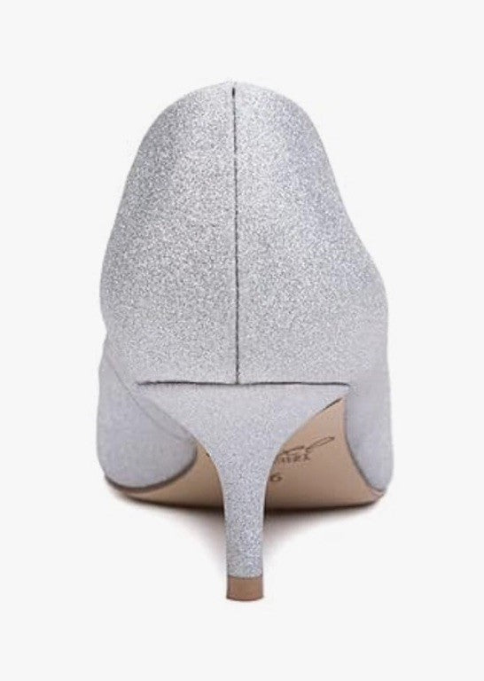 Jewel Badgley Mischka Women's Silver Royalty Kitten Heel Pumps Heels Size 6 Glit