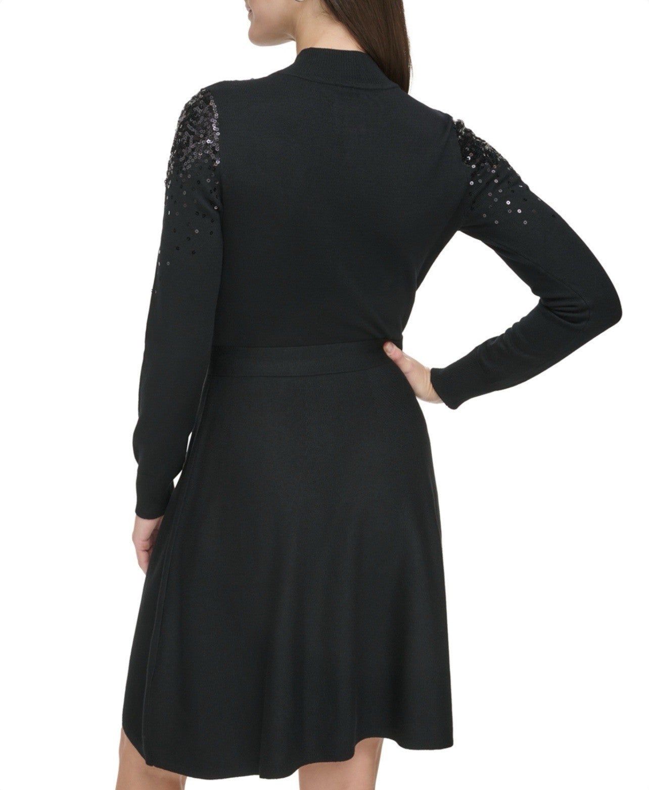 Vince Camuto Women's Black Sequin Embellished Turtleneck Fit & Flare Dress XL