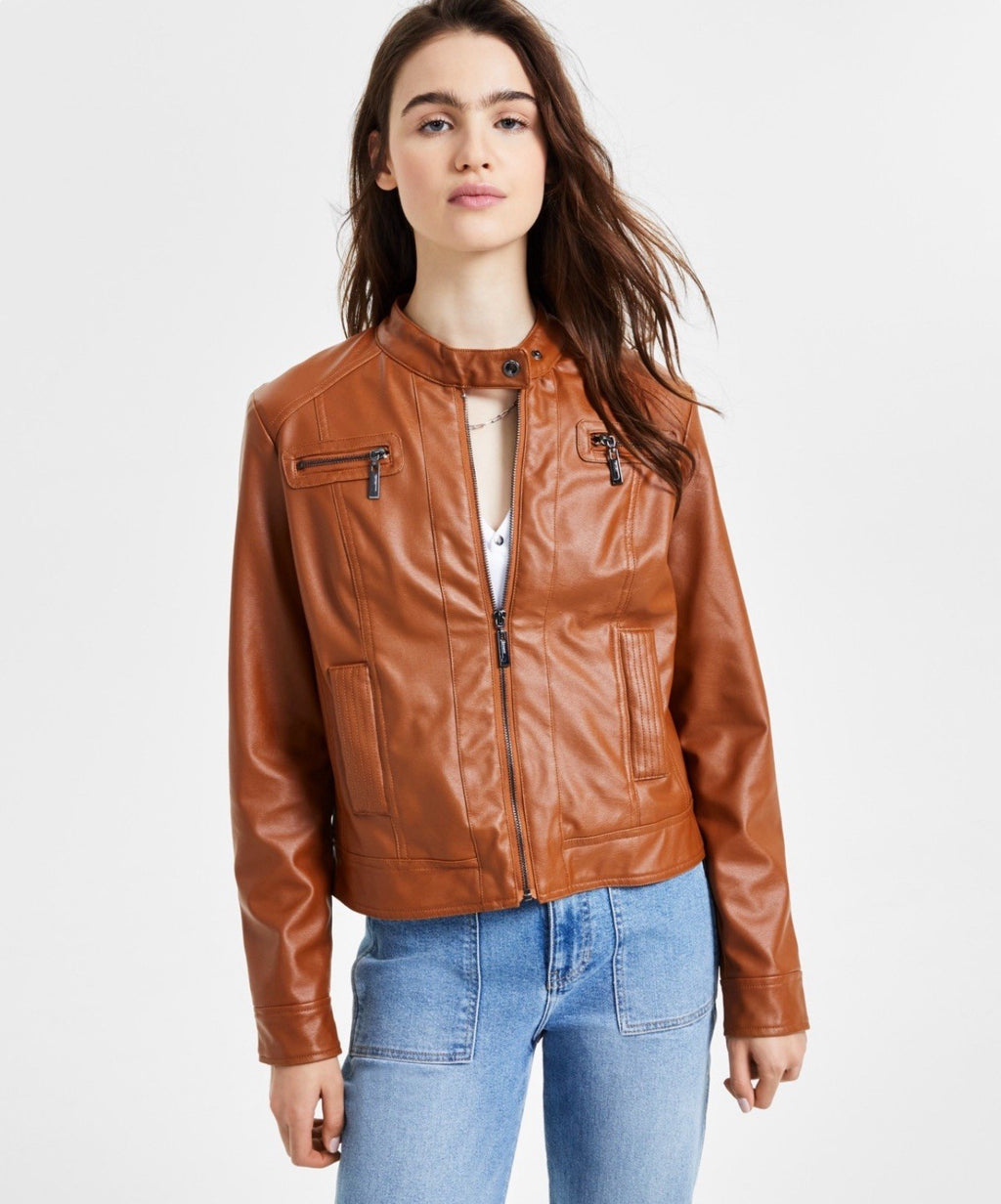 Jou Jou Juniors' Faux-Fur-Lined Moto Jacket Size 2XL Color Cognac