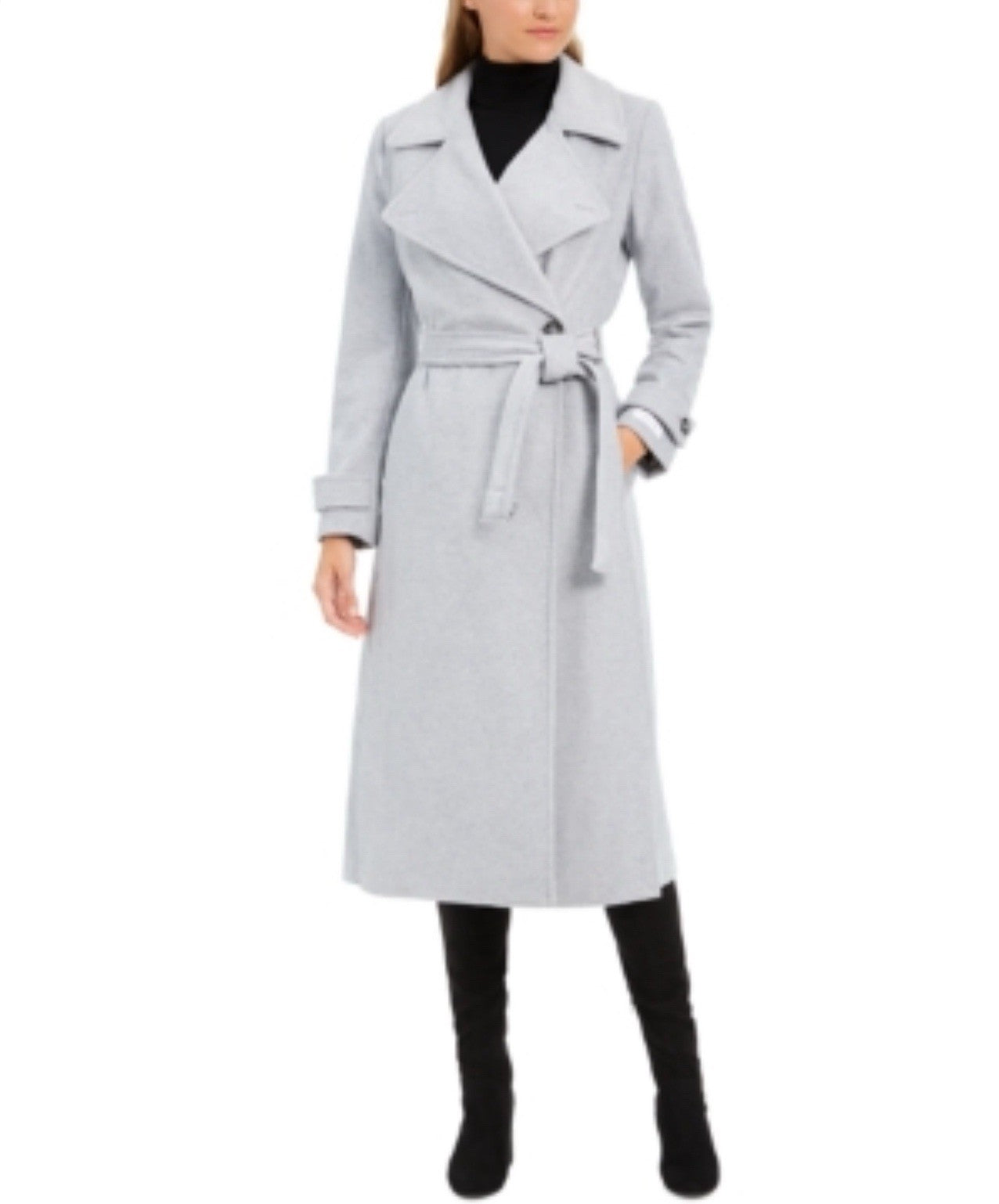 Calvin Klein Womens Belted Wrap Wool Blend Coat Size 10 Light Grey