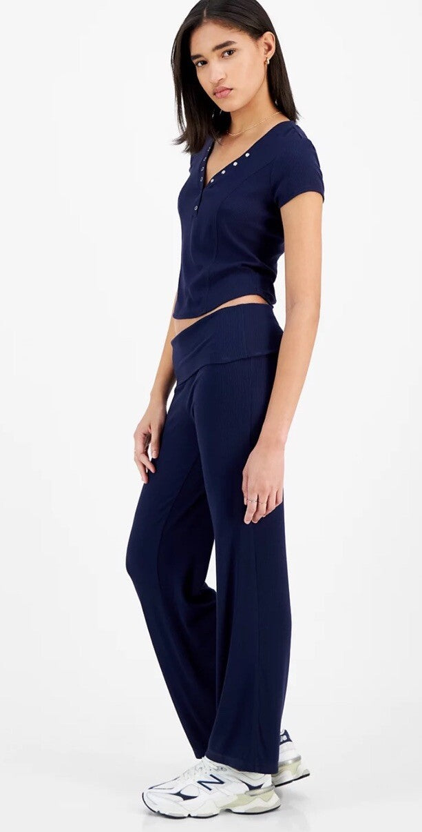 Ultra Flirt Juniors' High Rise Foldover-Waist Ribbed Knit Pants Black S