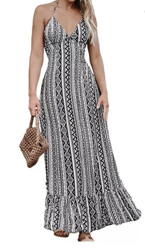 NWT CUPSHE Women's Black-and-White Flounce Maxi Beach Dress Size Medium