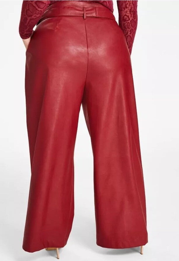 Nina Parker Women's Red Plus Size Faux Leather Belted Wide Leg Pants Size 18W