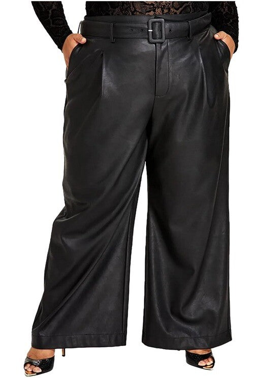 Nina Parker Women's Black Faux Leather Belted Wide Leg Pants Size 24W