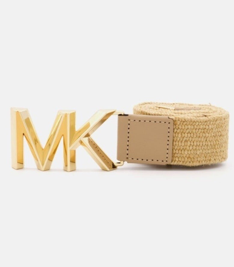 Michael Kors Straw Belt MK Logo Buckle Tan Beige Women's Accessory 