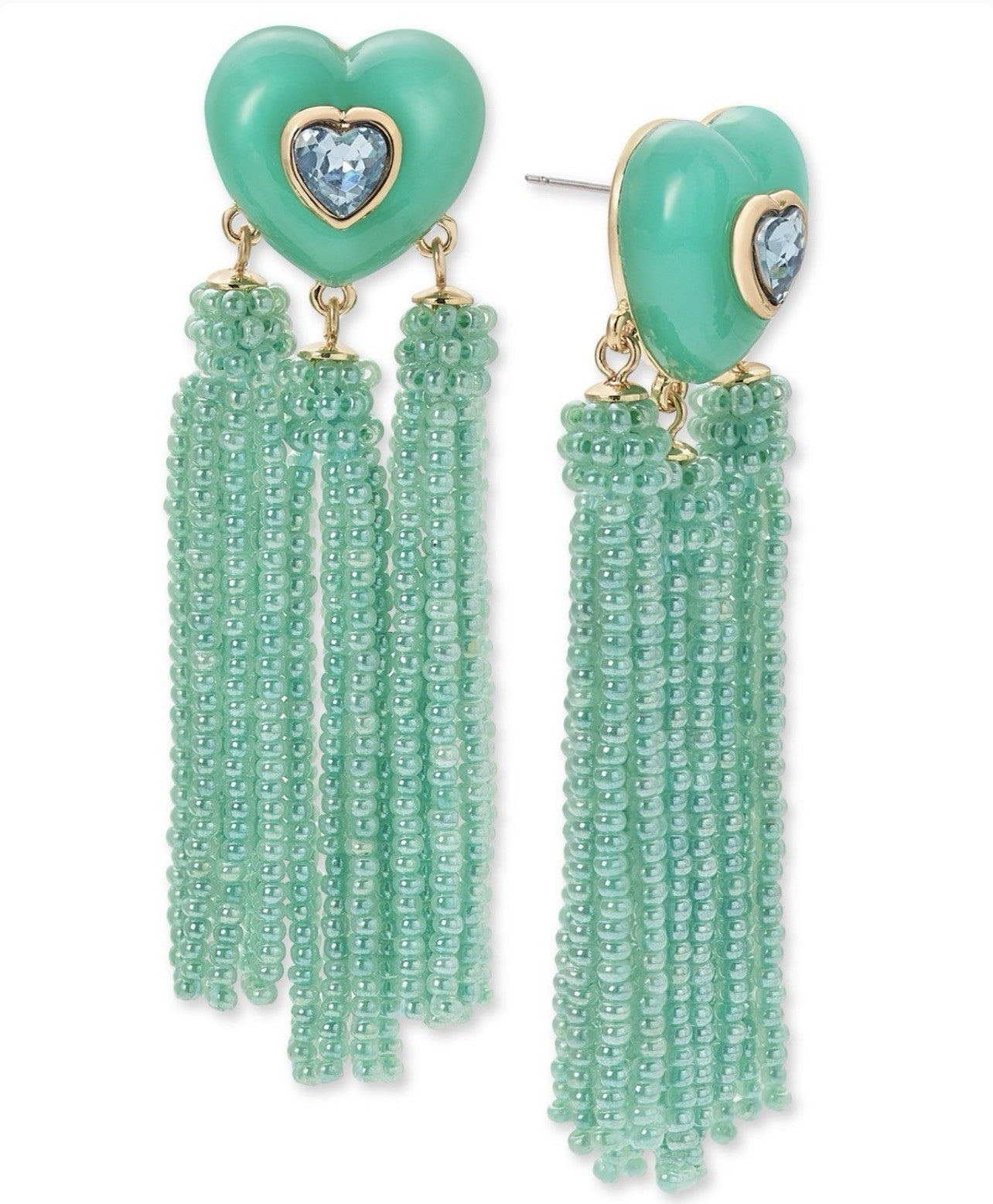 On 34th Earrings Green Heart Tassel Mixed Beaded Rhinestone Fringed Tower $49