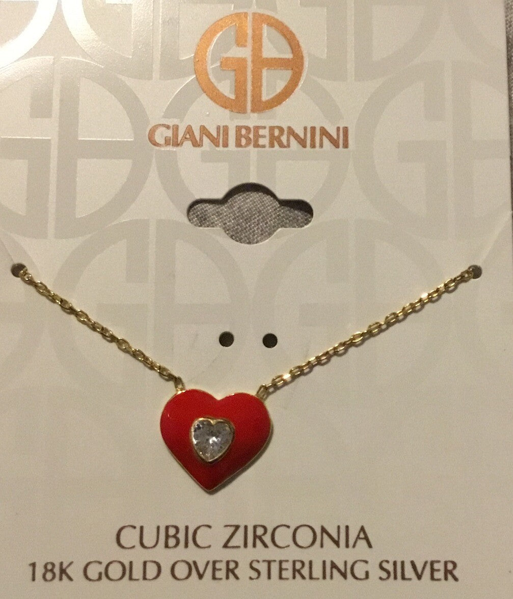 Cubic Zirconia & Red Enamel Heart Pendant Necklace in 18k Gold-Plated Sterling S