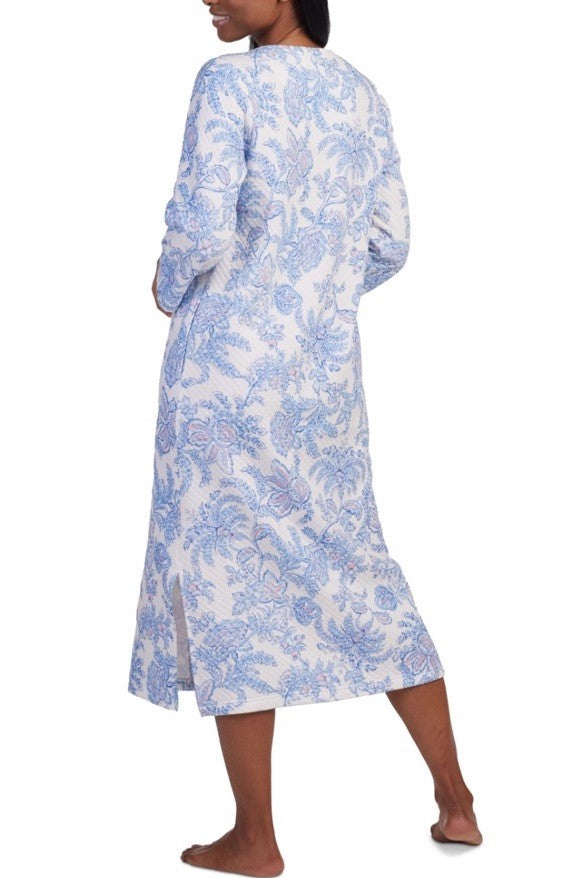 Miss Elaine Women's Quilted Floral 3/4-Sleeve Robe Blue Flor L