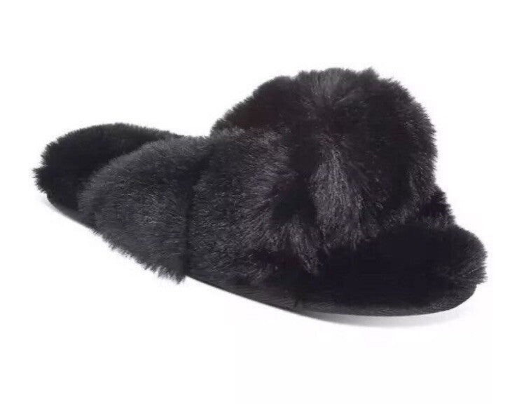 Jenni Faux Fur Solid Crossband Slippers L 9-10 NWT Soft Black