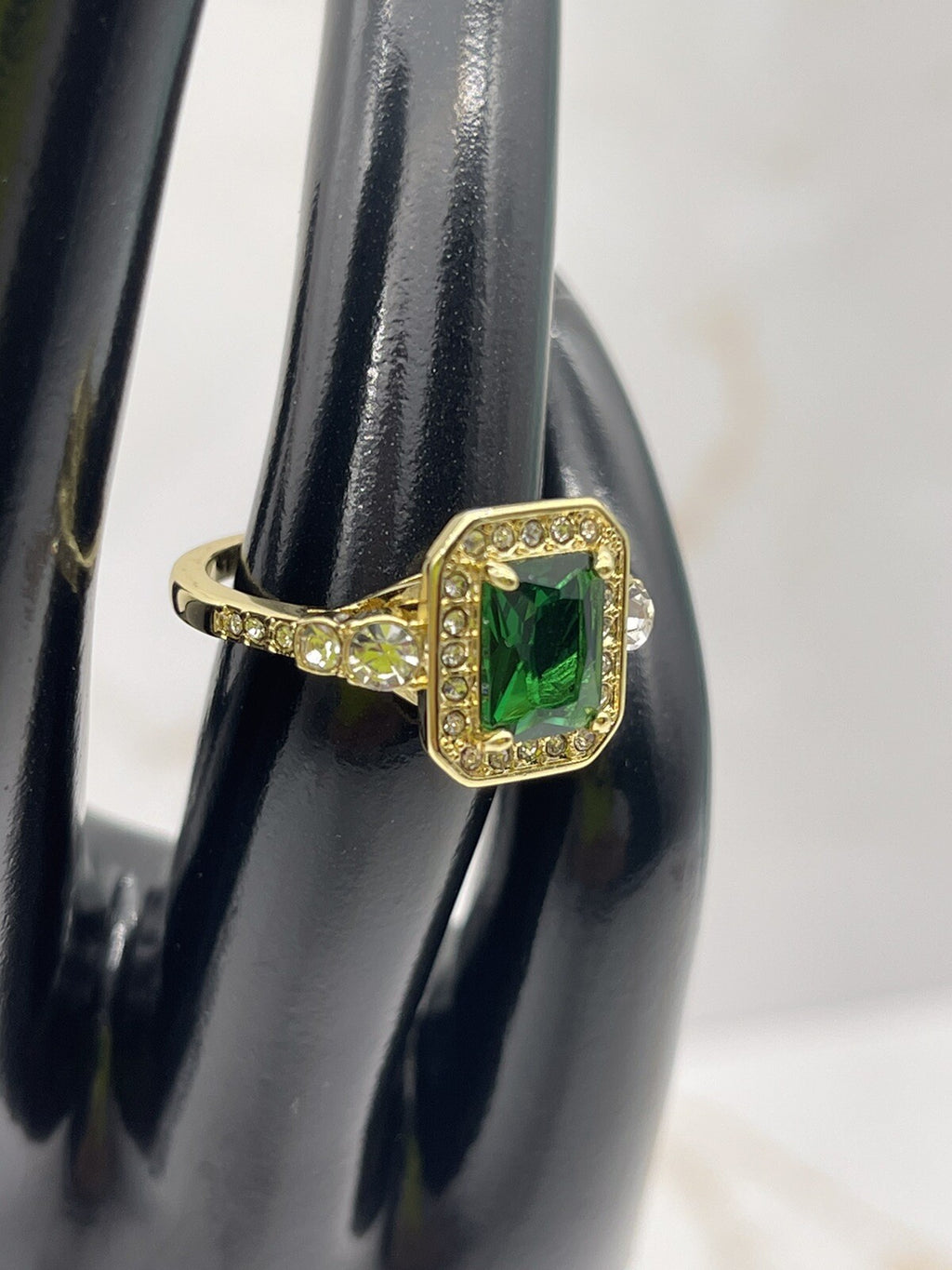 Charter Club Gold Plated Cubic Zirconia Green Cushion Stone Ring Size 6