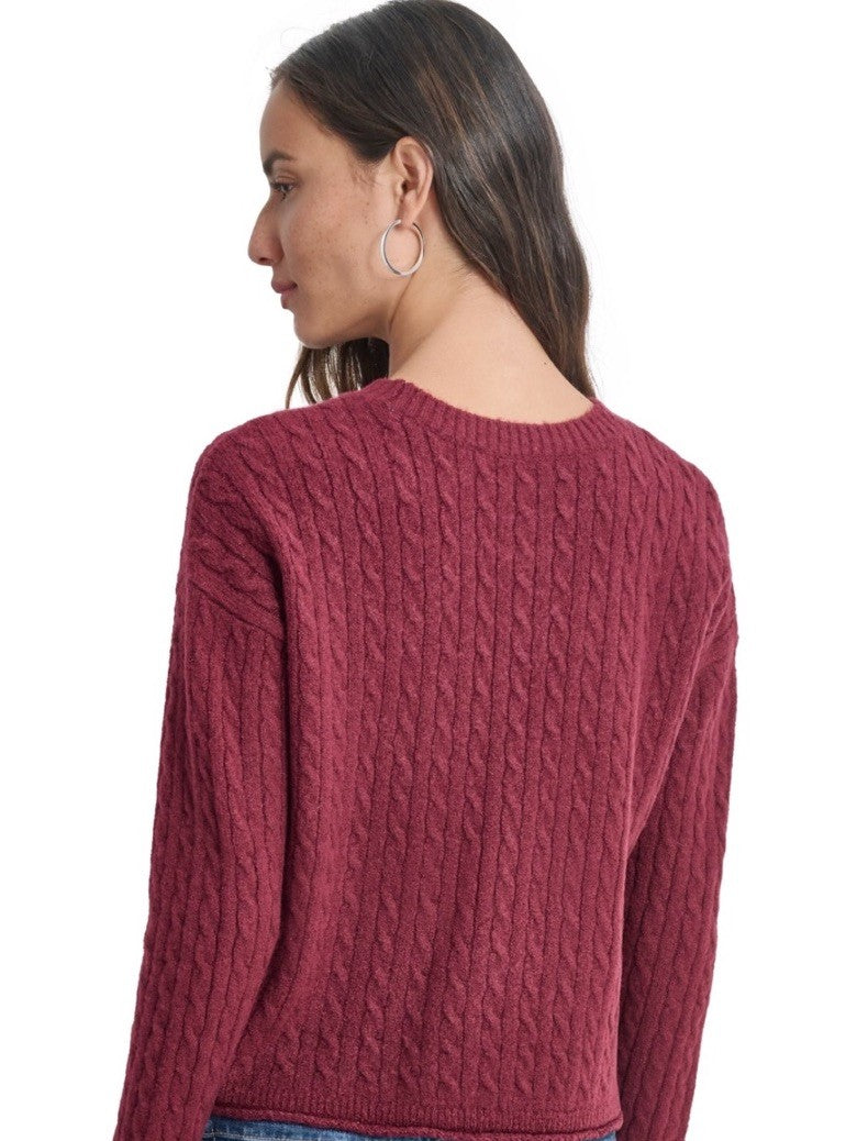 DKNY Jeans Petite Crewneck Cable-Knit Sweater Burgundy PS