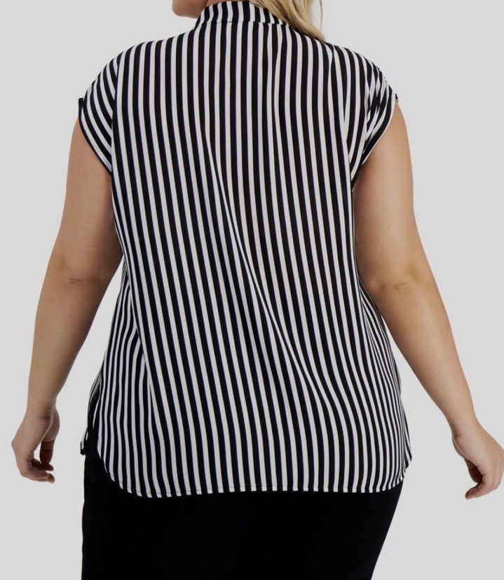 Bar III Women's Black Striped Self-Tie V-Neck Blouse Top Plus Size 1X