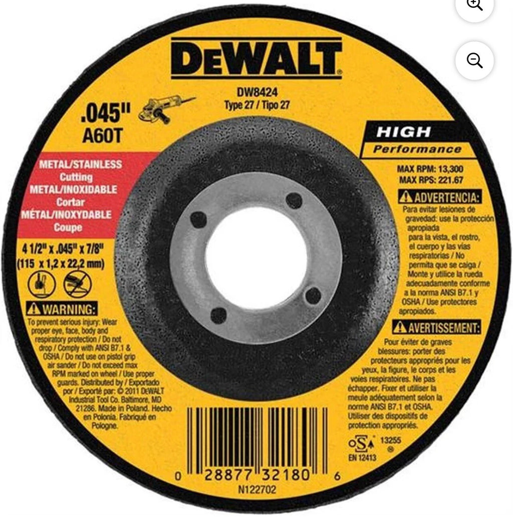 DW8424 4-1/2" x .045" x 7/8" Dewalt Cutting Grinding Wheel TP27 High Performance
