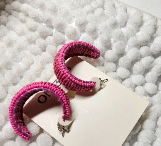 Bright Pink  Color Seed Bead & Raffia C-Hoop Earrings, Post Back, 1.25"
