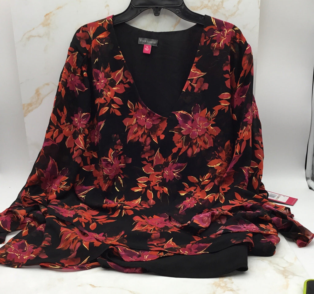 Vince Camuto Women's Black Floral-Print Flutter-Sleeve V-Neck Tunic Plus Size 1X