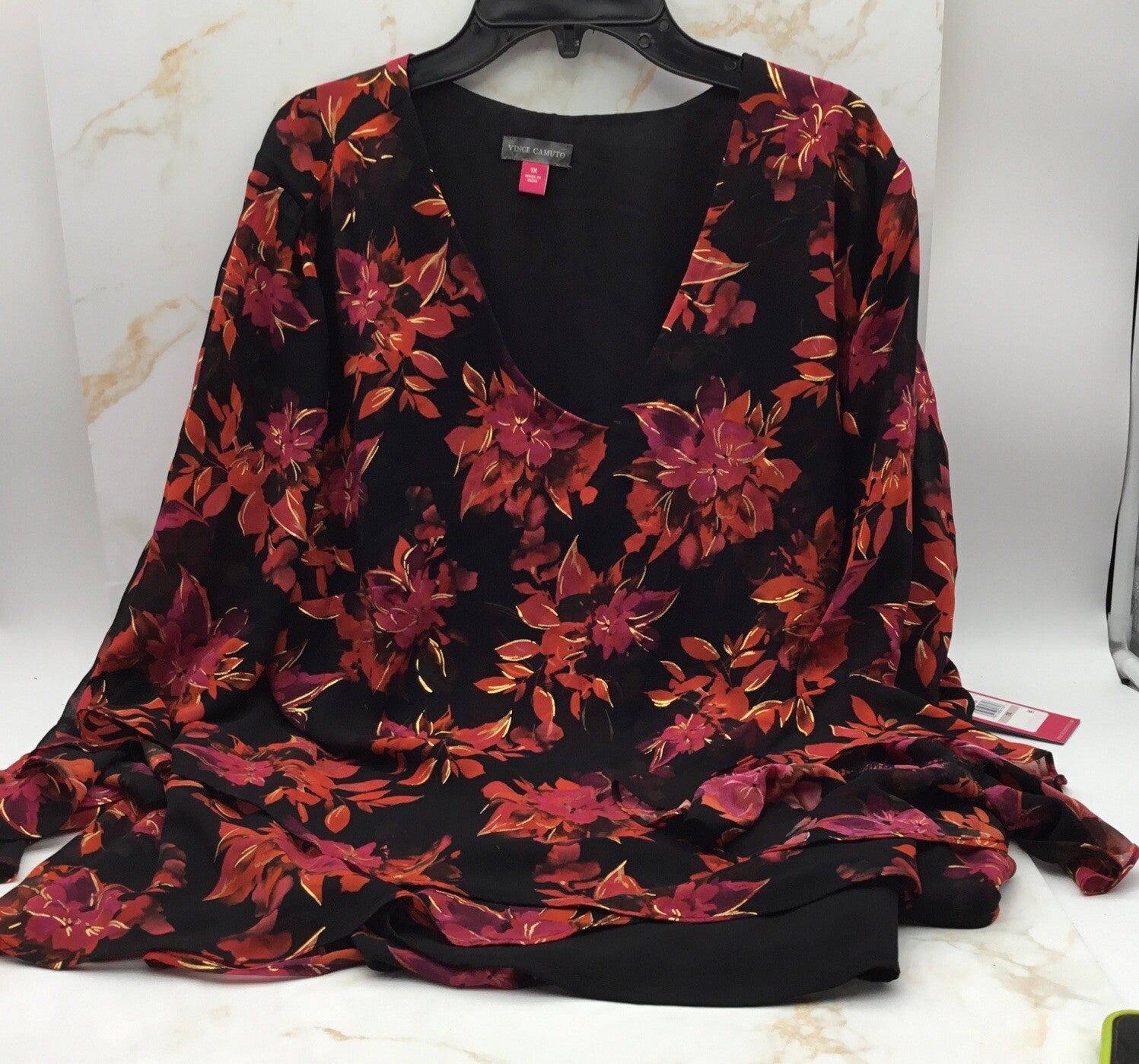 Vince Camuto Women's Black Floral-Print Flutter-Sleeve V-Neck Tunic Plus Size 1X