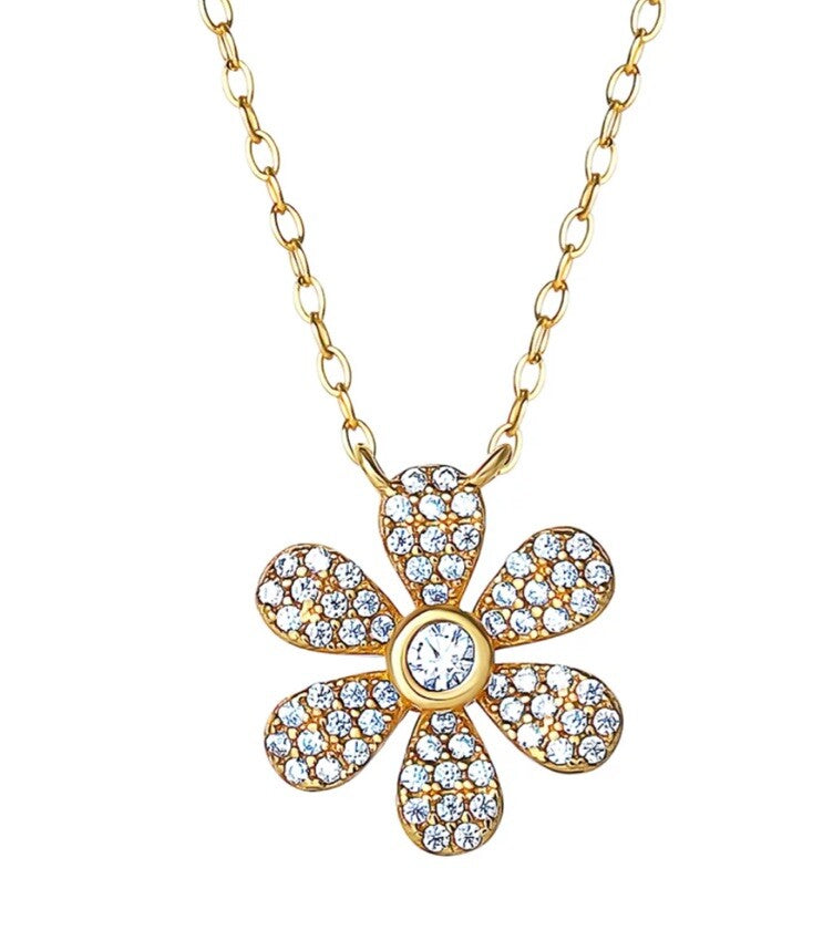 Cubic Zirconia Double Flower Pendant Necklace in 18k Gold-Plated Sterling Silve