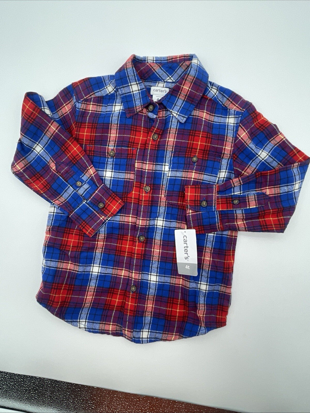 Carters Toddler Boys Size 6 Plaid Printed Collared Button Down Shirt Cotton EUC