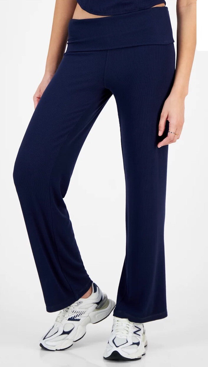 Ultra Flirt Juniors' High Rise Foldover-Waist Ribbed Knit Pants Black XS