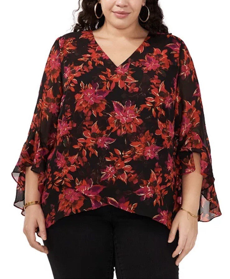 Vince Camuto Women's Black Floral-Print Flutter-Sleeve V-Neck Tunic Plus Size 1X