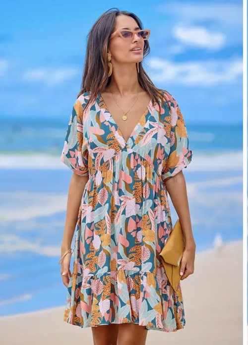 Cupshe Women's Soft Tropics Short Sleeve Mini Beach Dress S
