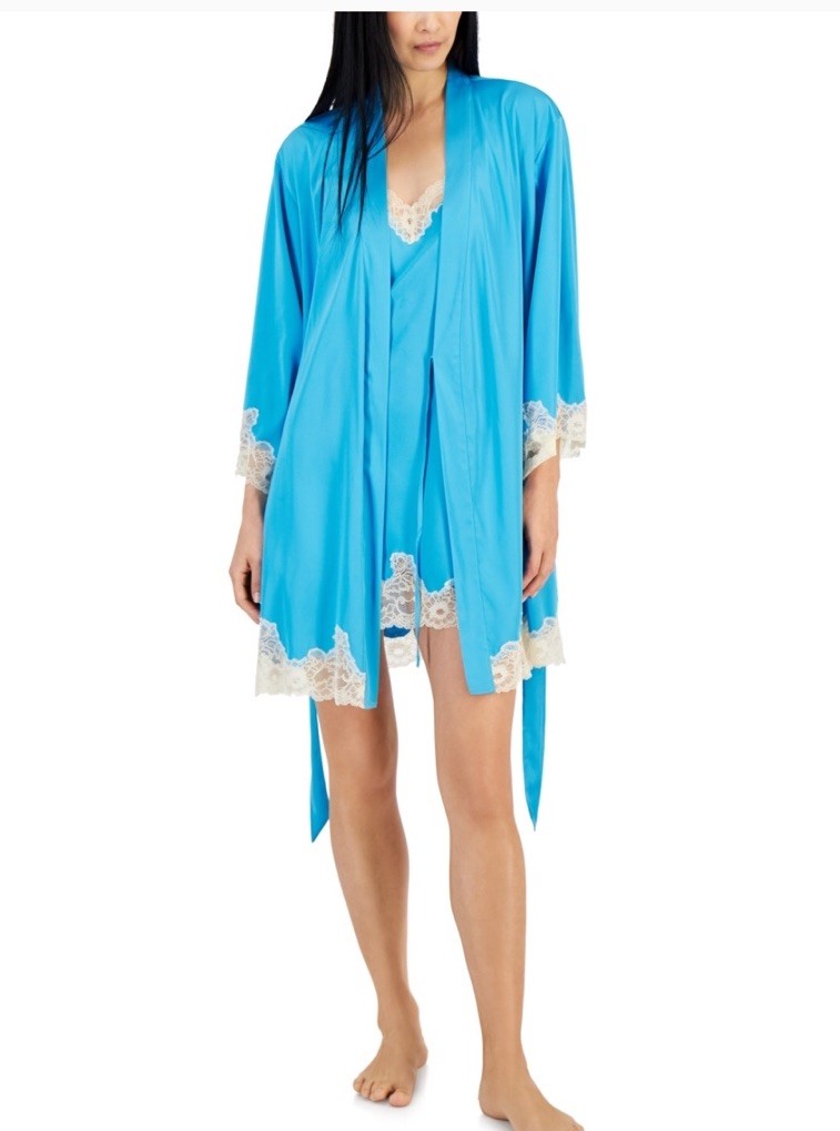 I.n.c. International Concepts Women's Lace-Trim Stretch Satin Robe - Cyan Blue