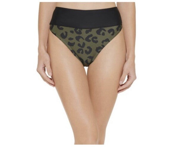 DKNY Women's High Waist Bikini Bottoms Size M Leopard Print Green Swim Bottoms