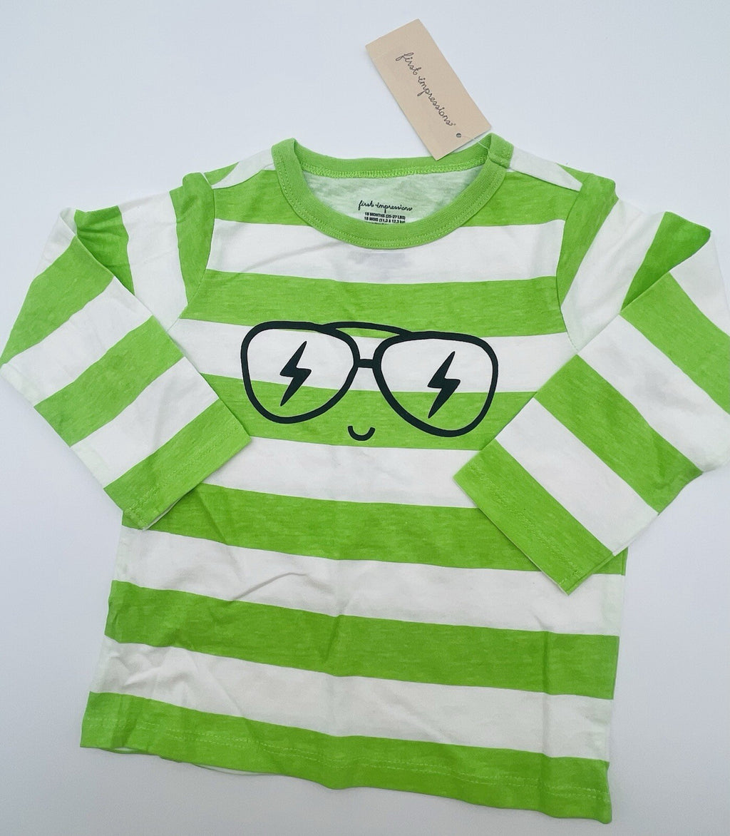 First Impression Toddler Boys Green White Striped Long Sleeve Graphic T Shirt 18