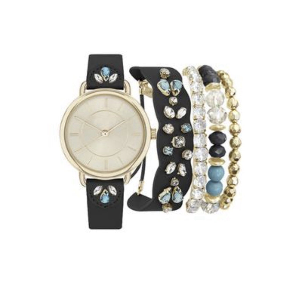 Jessica CarlyleWomen's Analog Black Jeweled Strap Watch 34mm Matching Bracelets