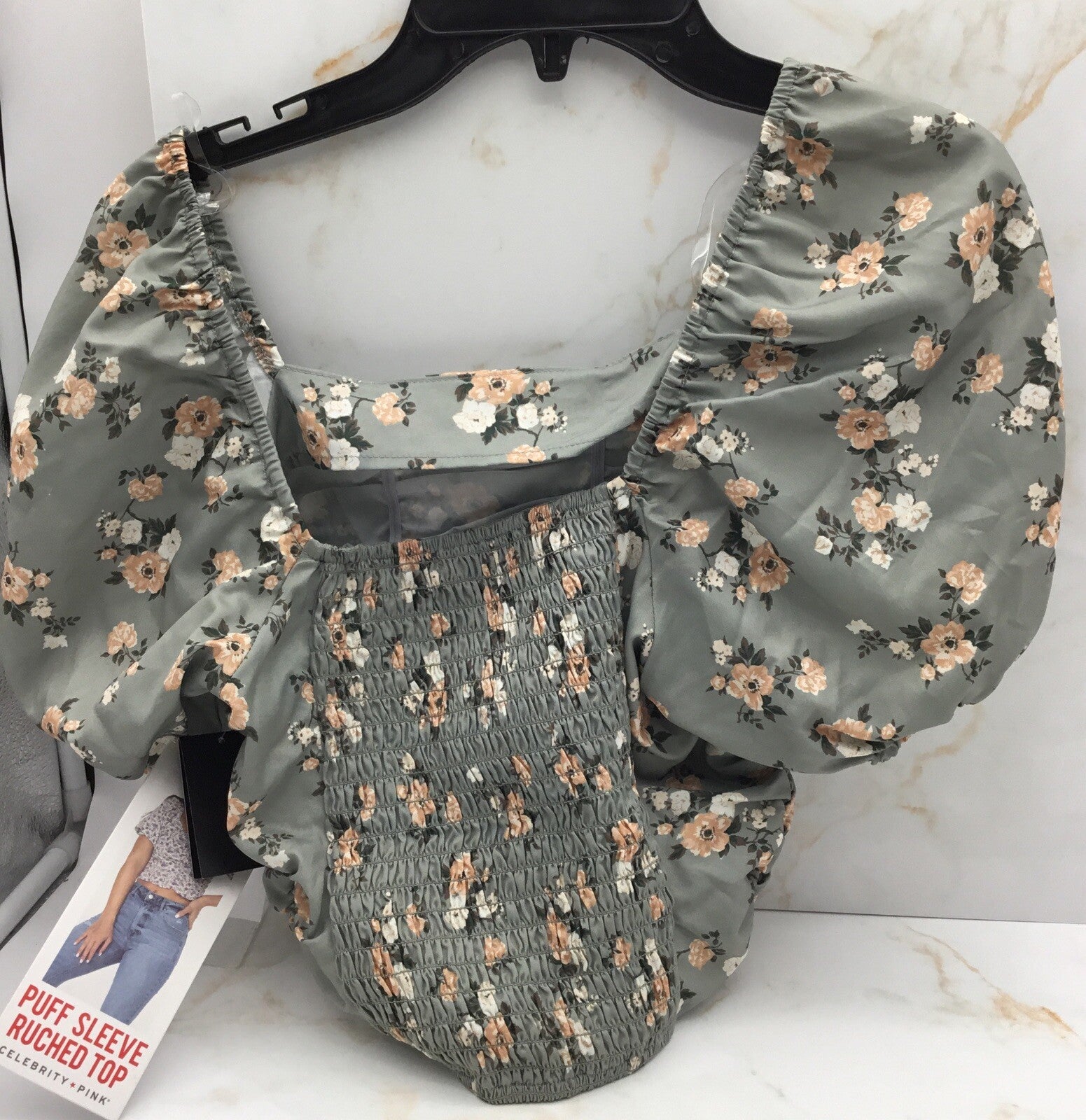 Celebrity Pink Puff Sleeve Ruched Top Tea Floral 