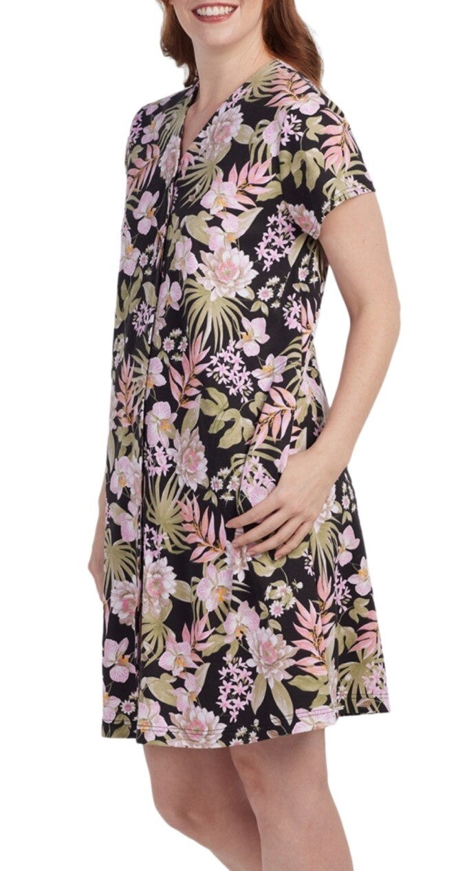 Miss Elaine M Floral Print Black & Pink Short Sleeve Robe Nightgown Tropical $86