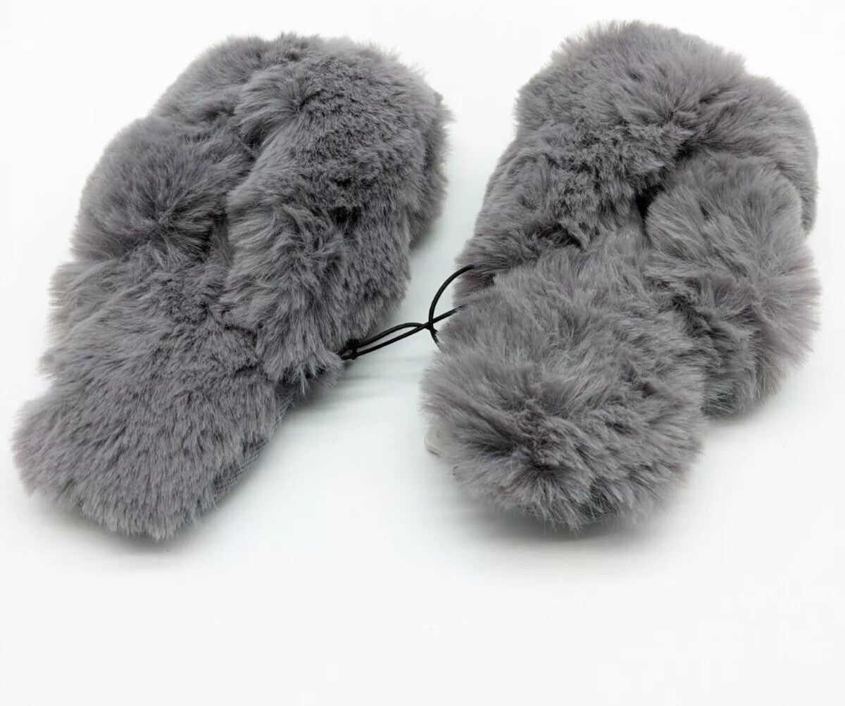 JENNI Intimates faux fur crossband open-toe slide slippers GREY Size L 9-10