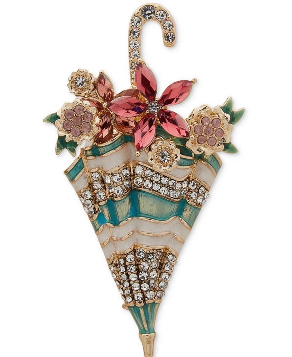 Anne Klein Gold-Tone Crystal & Stone Flower Umbrella Pin