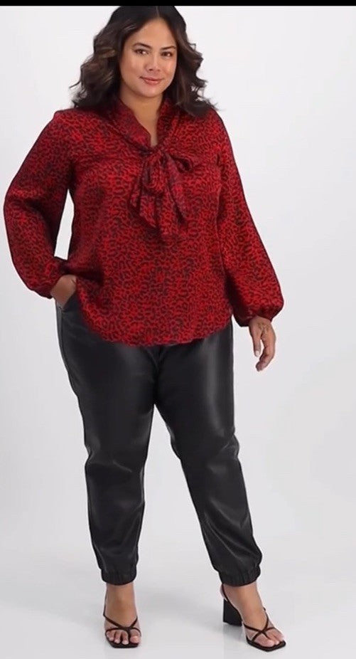 Bar III Plus Size Animal-Print Tie-Neck Blouse 1X Black Pomegranate 