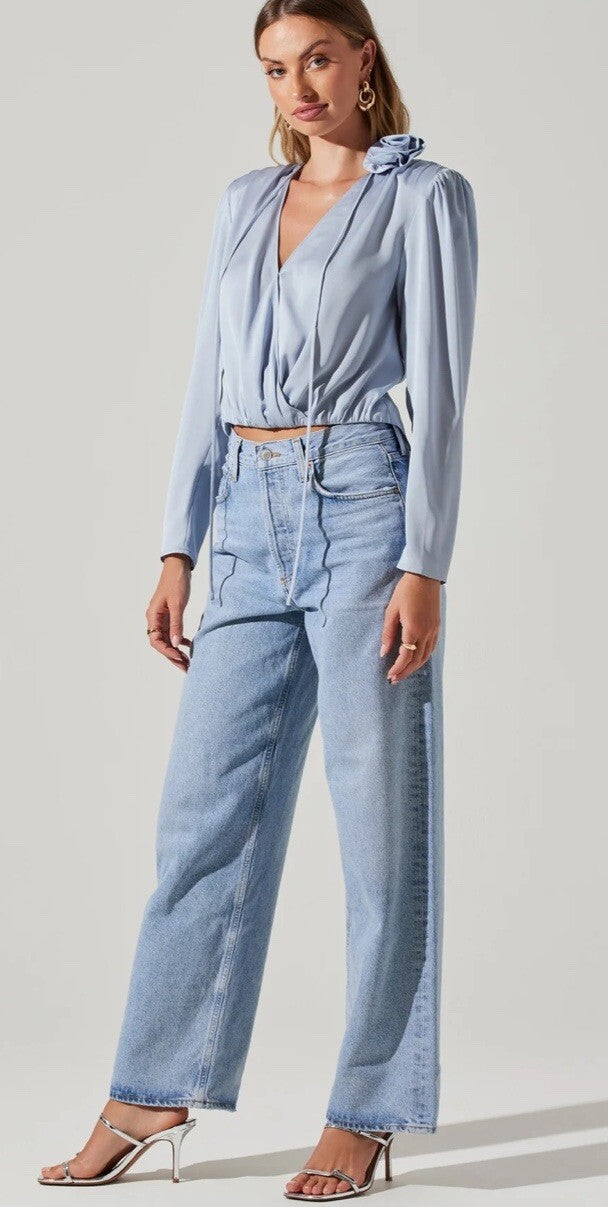 Lovisa Satin Long Sleeve Corsage Top Medium Powder Blue 