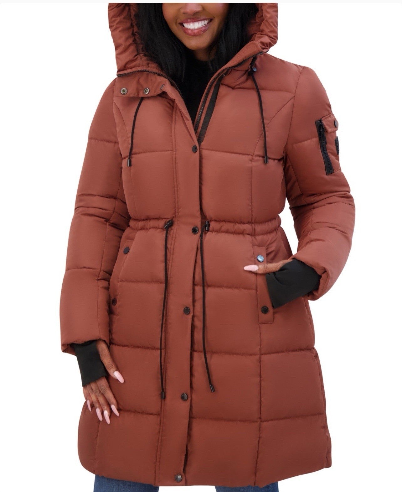 Steve Madden Juniors' Hooded Puffer Anorak Coat Size S/P Color Terracota
