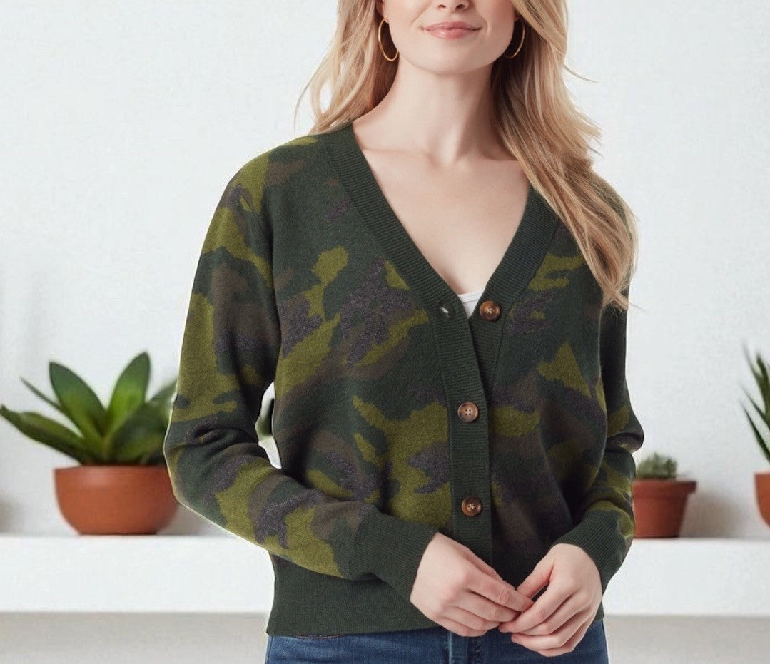 Jessica Simpson Women's Buffalo Camouflage Button-Front Cardigan Sweater L