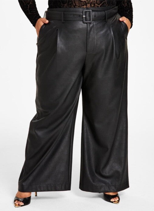 Nina Parker Women's Black Faux Leather Belted Wide Leg Pants Size 20W